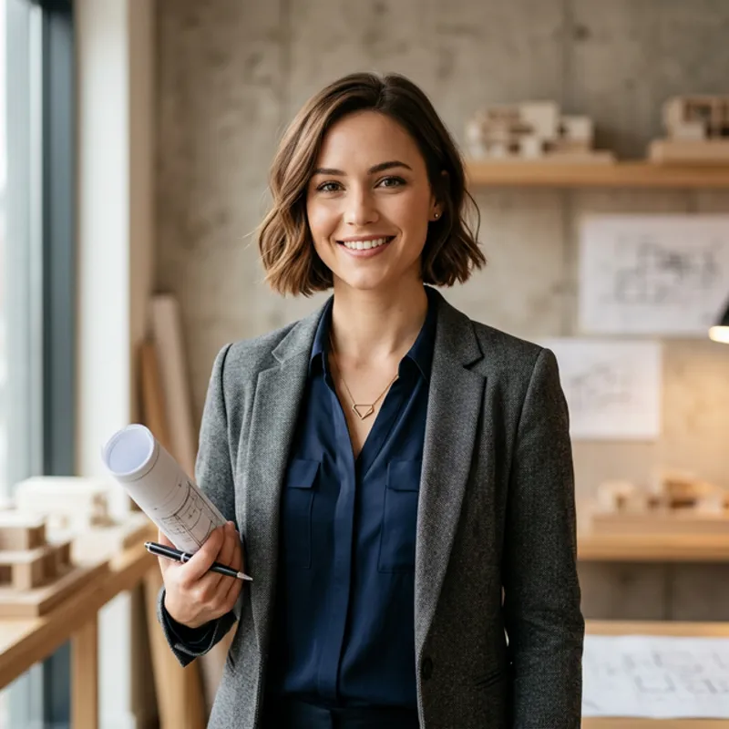 Retrato profesional de Camila Guevara, Arquitecta con foco en vivienda colectiva en su estudio.